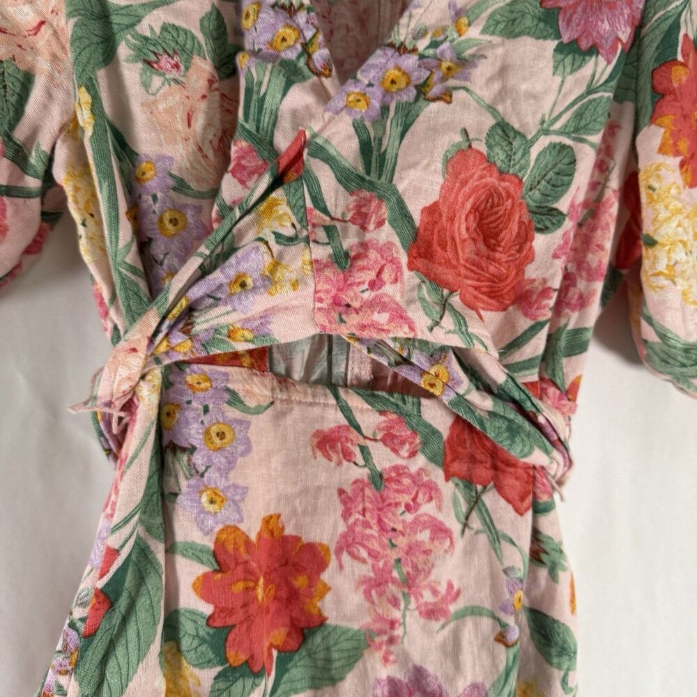 Old Navy Linen Blend Maxi Dress Women's Small Pink Floral Wrap Top Puff Sleeve - Picture 4 of 9